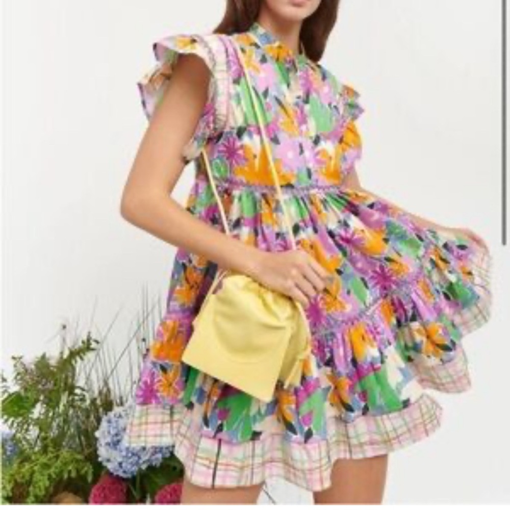 CeliaB Floral Tiered Mini Dress in Pink, Yellow & Green